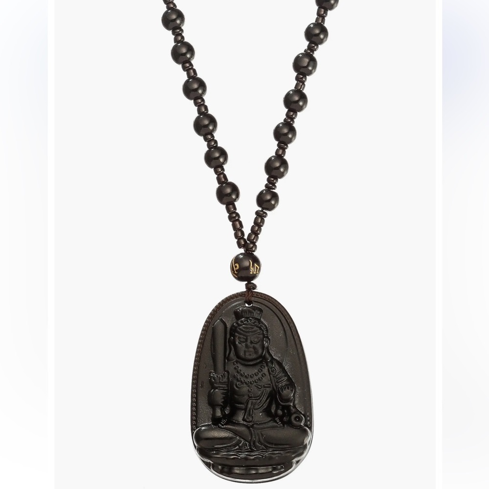 Black Jade Buddha Pendant Necklace EYE CANDY LOS ANGELES 24” Like New